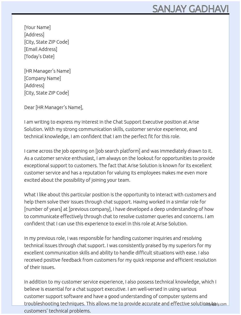 Chat support executive At Arise Solution Cover Letter
