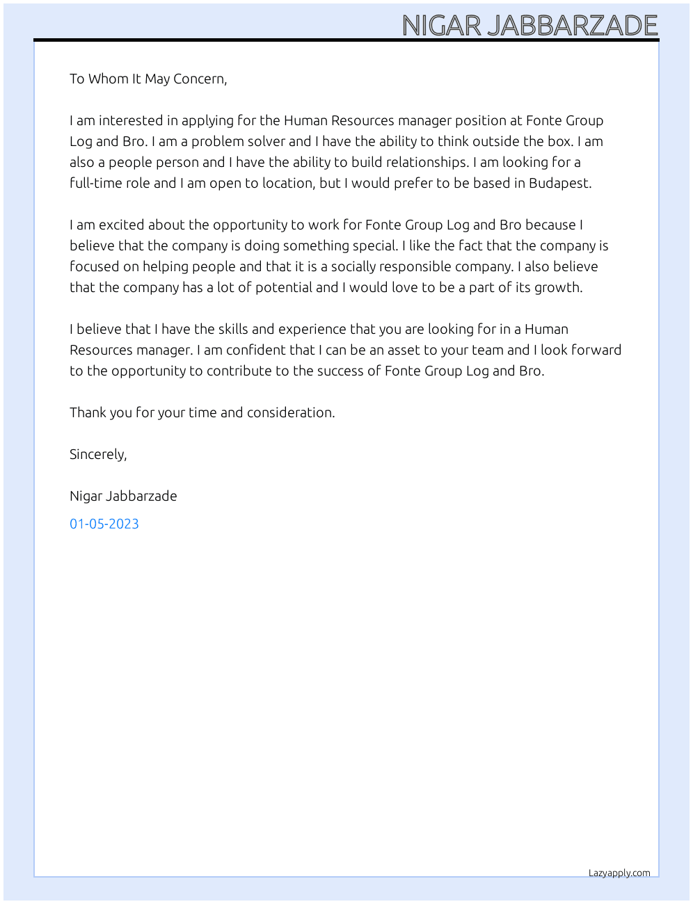 Human Resouces manager At Fonte Group Log and Bro Cover Letter