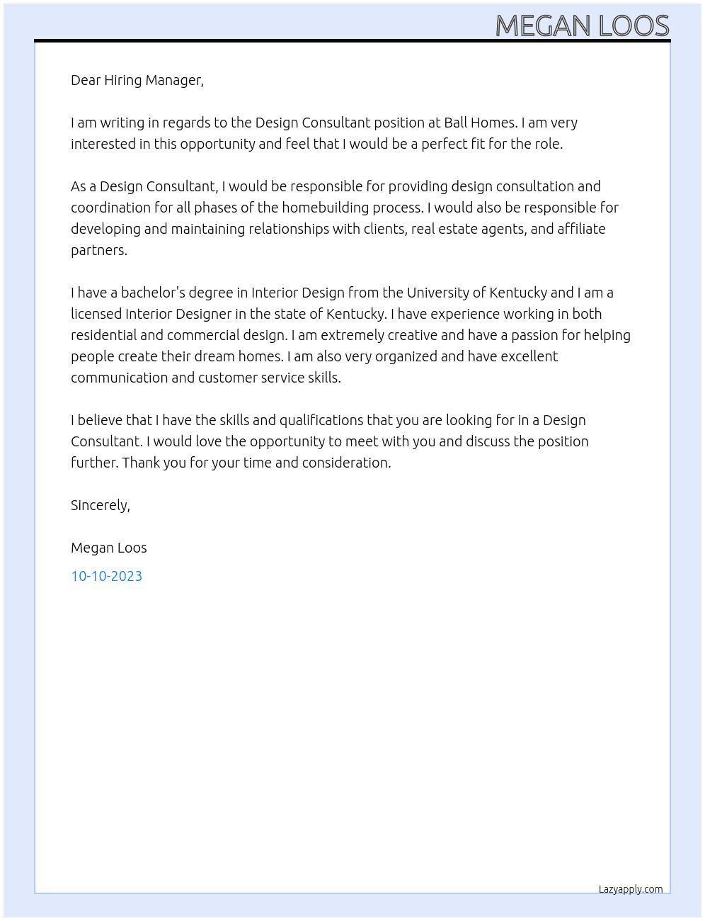 Design Consultant  At Ball Homes Cover Letter