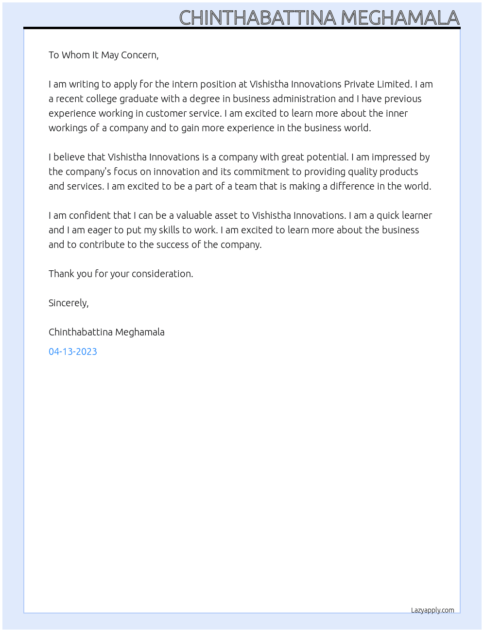 intern At vishistha innovations private limited Cover Letter