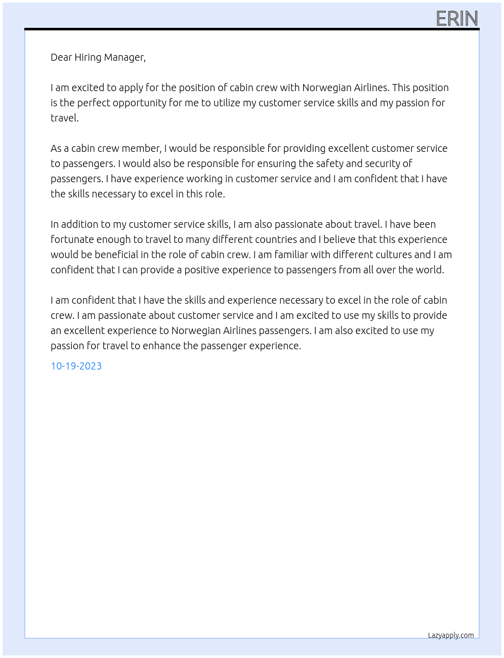 Cabin crew At Norwegian Airlines Cover Letter