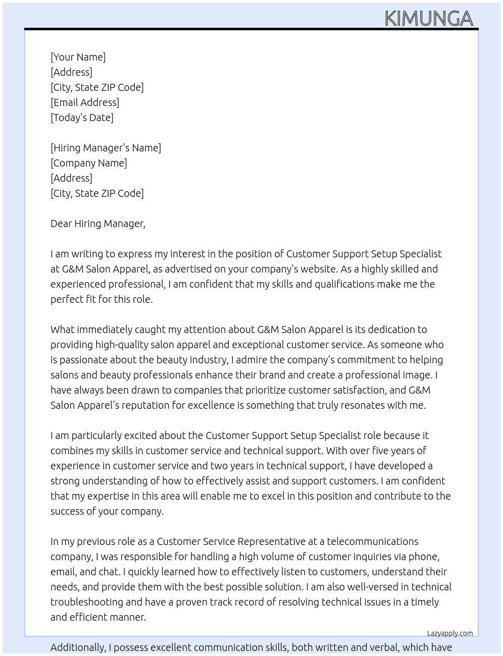 Customer Support Setup Specialist At G&M Salon Apparel Cover Letter