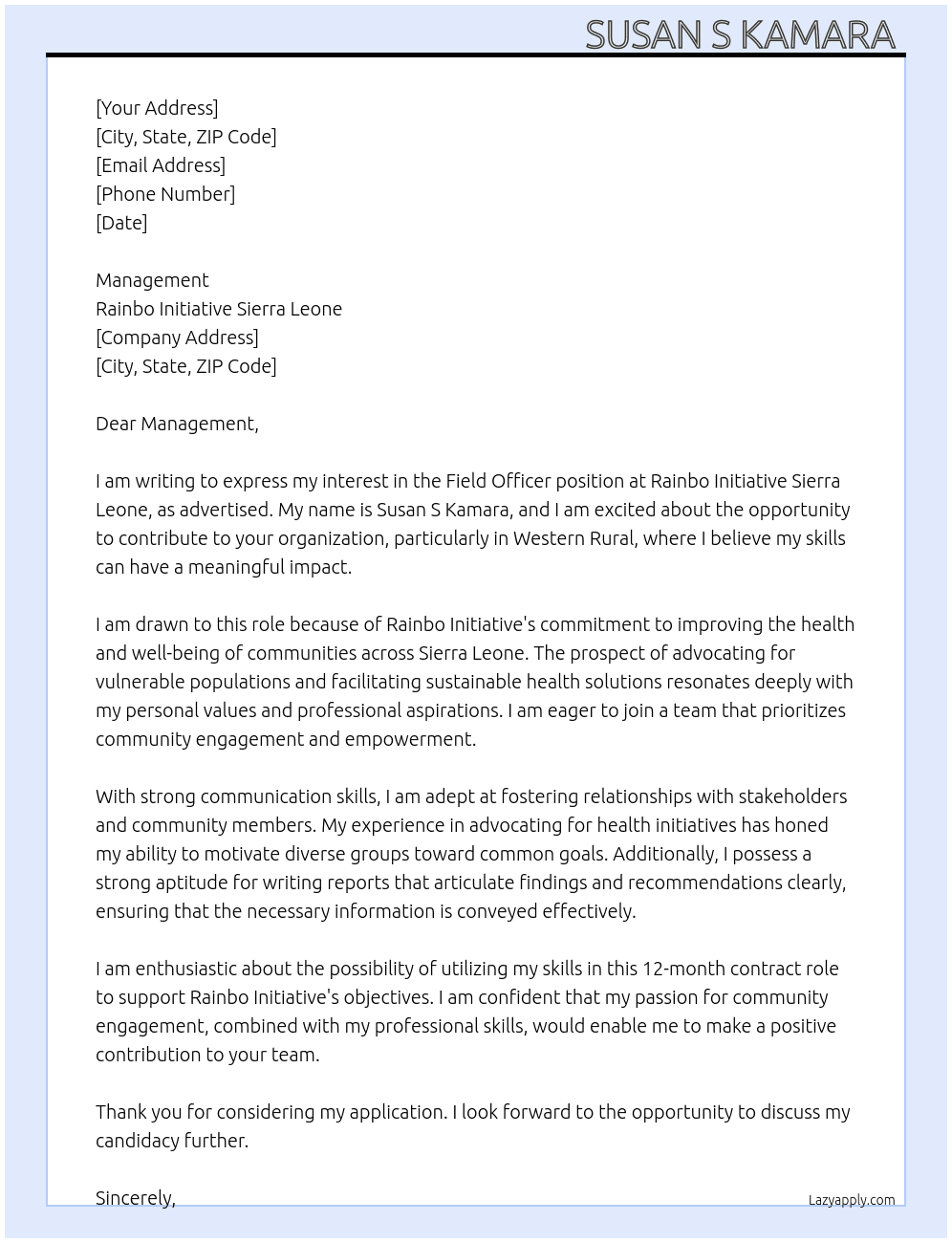 Field Officer  At Rainbo Initiative Sierra Leone  Cover Letter