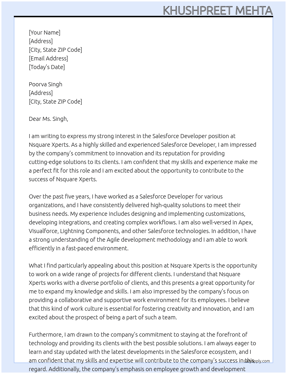 Salesforce Developer At Nsquare Xperts Cover Letter