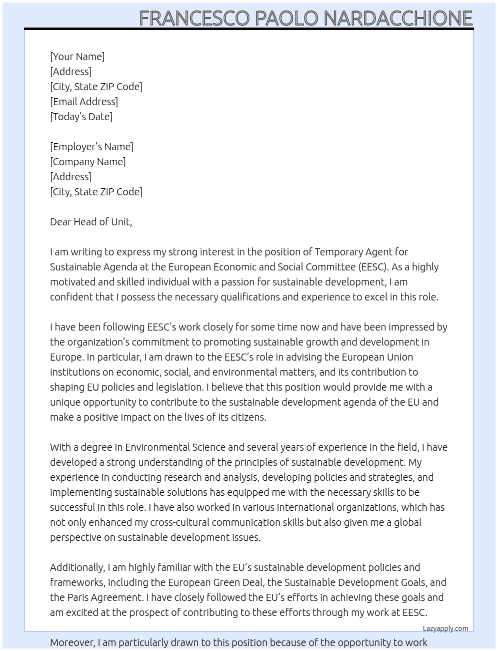 temporary agent sustainable agenda At EESC Cover Letter