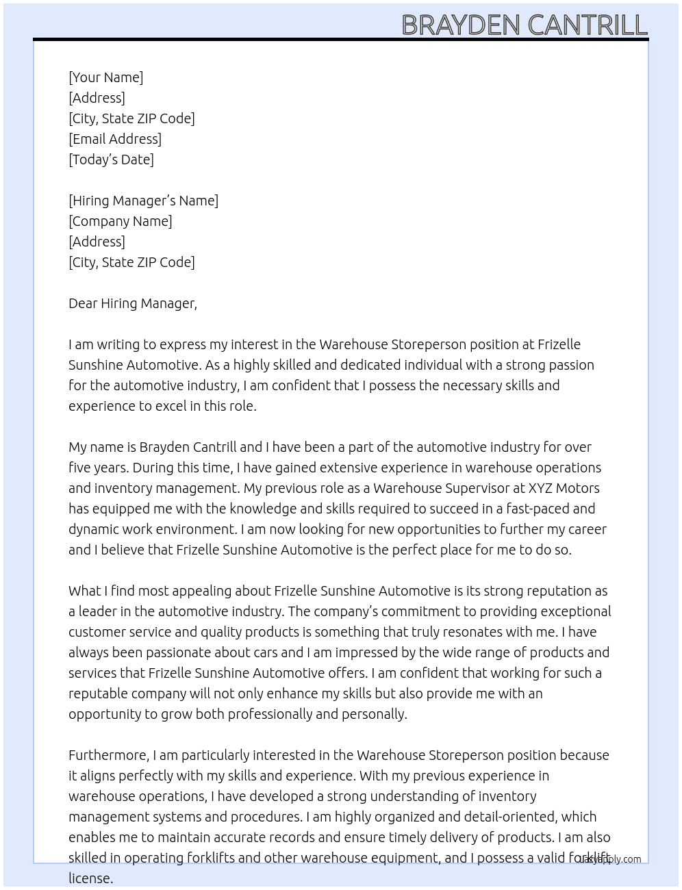 Warehouse Storeperson At Frizelle Sunshine Automotive Cover Letter
