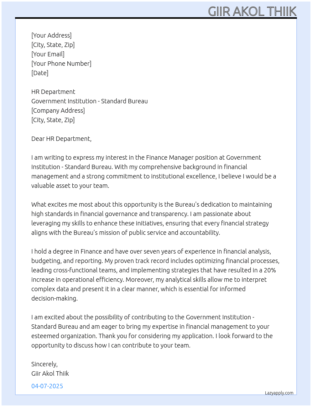 Finance manager  At Government institution-standard Bereau  Cover Letter