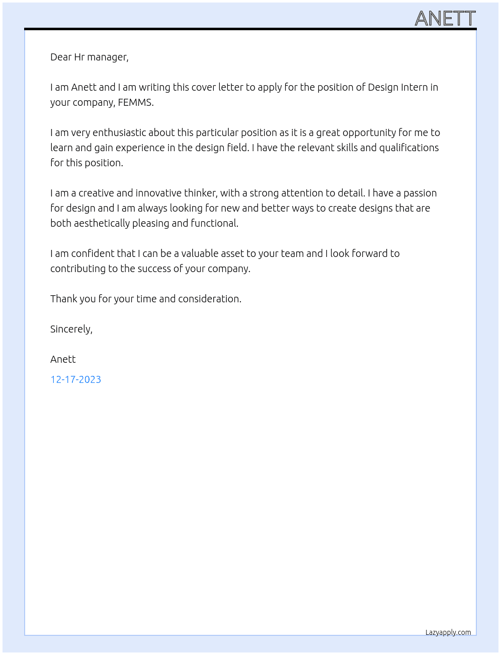 Design Intern At FEMMS Cover Letter