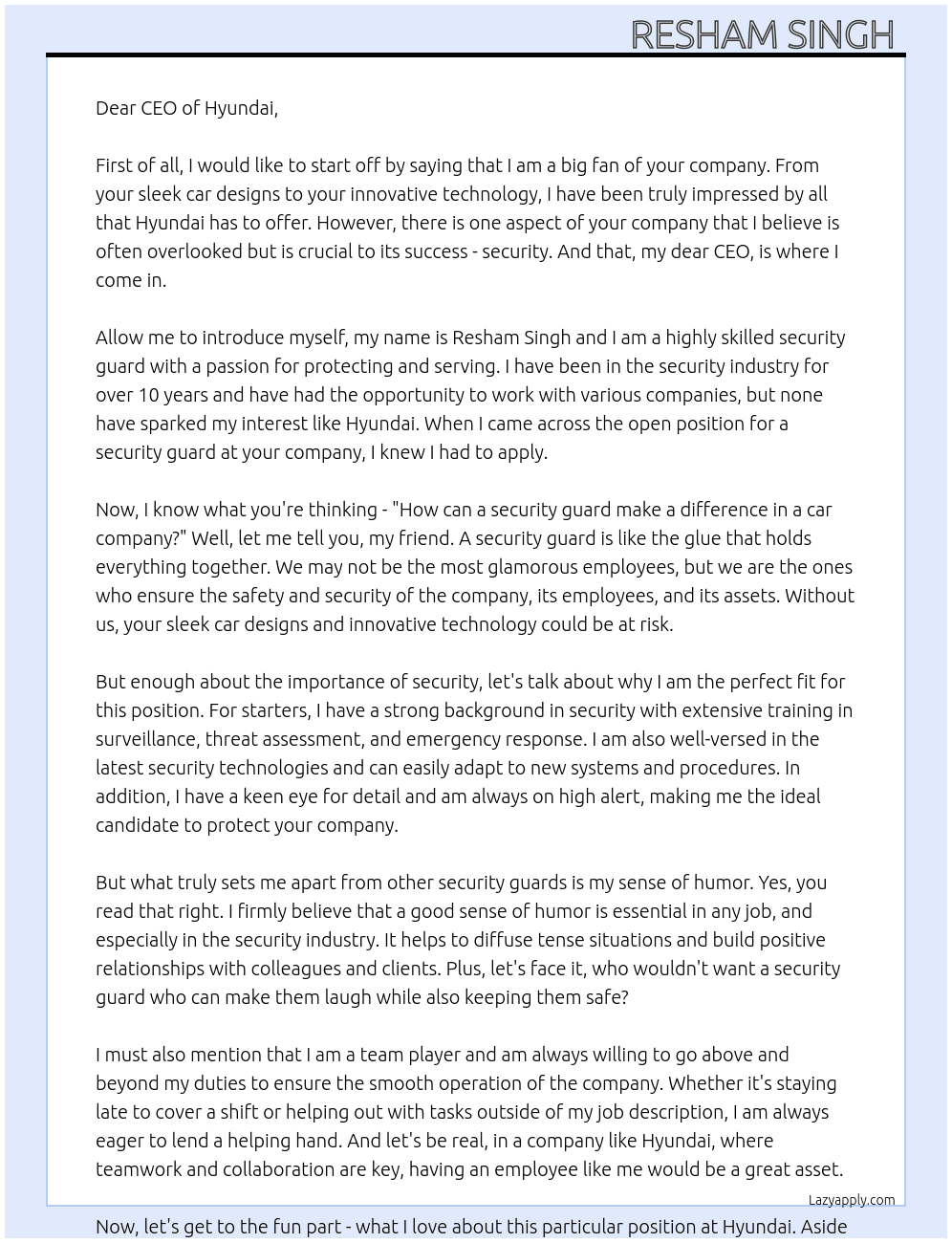 Security guard  At Hyundai Cover Letter
