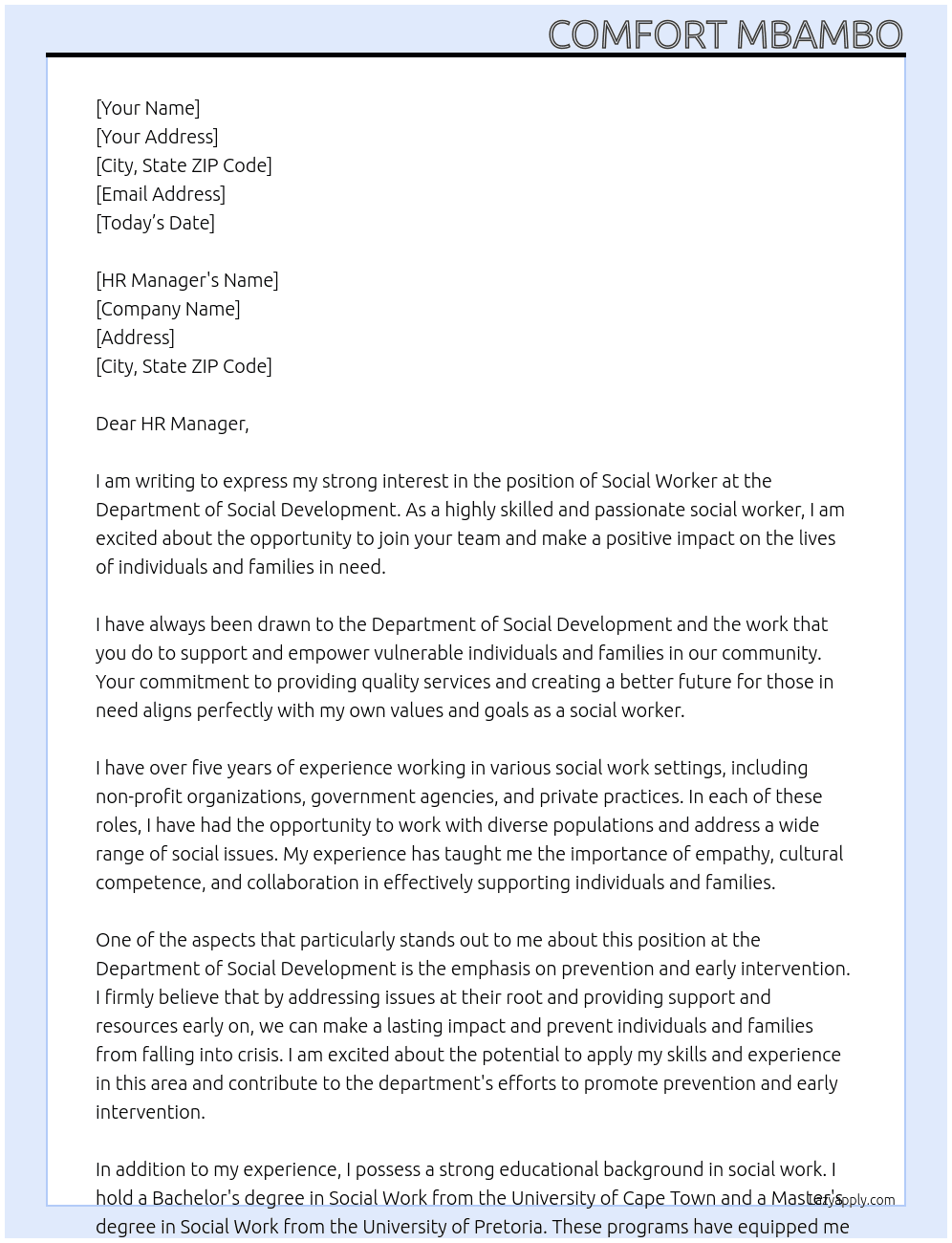 Social worker  At Department of Social development  Cover Letter