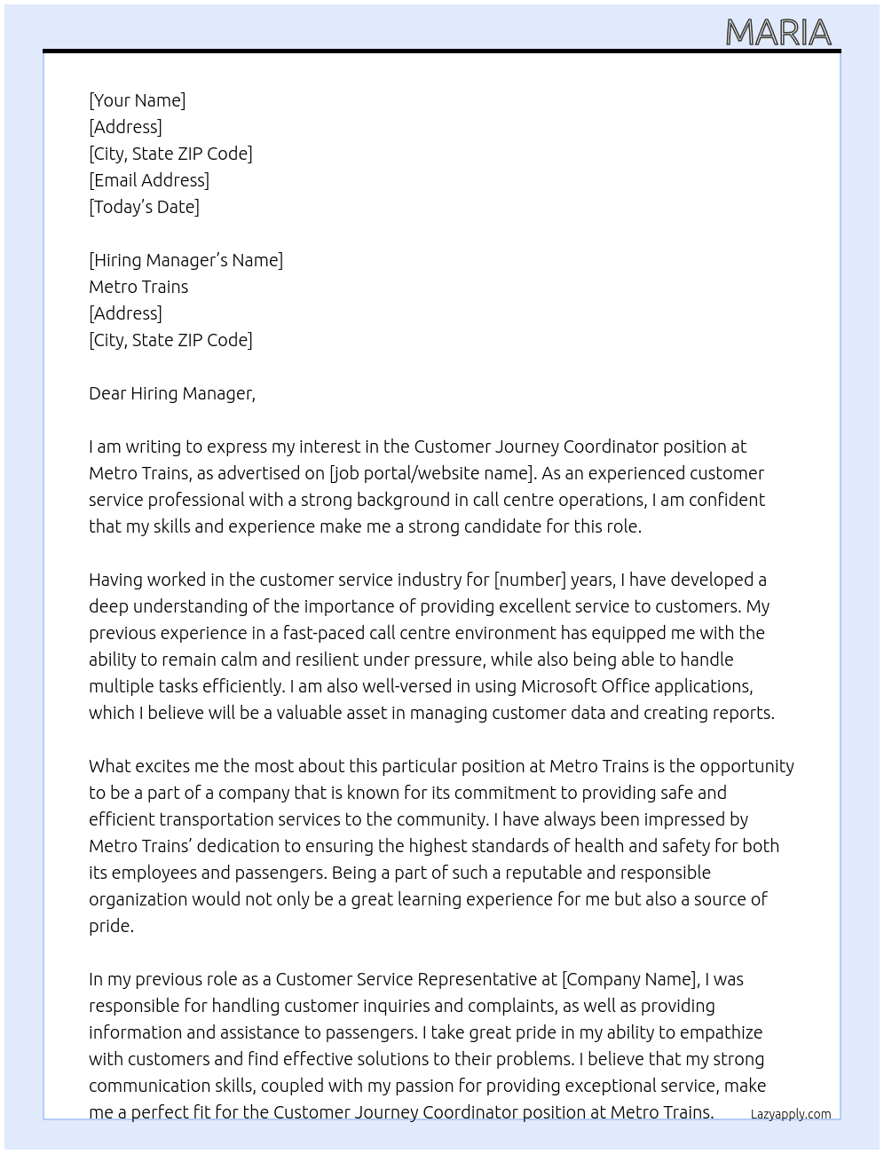 Customer Journey Coordinator At Metro Trains Cover Letter