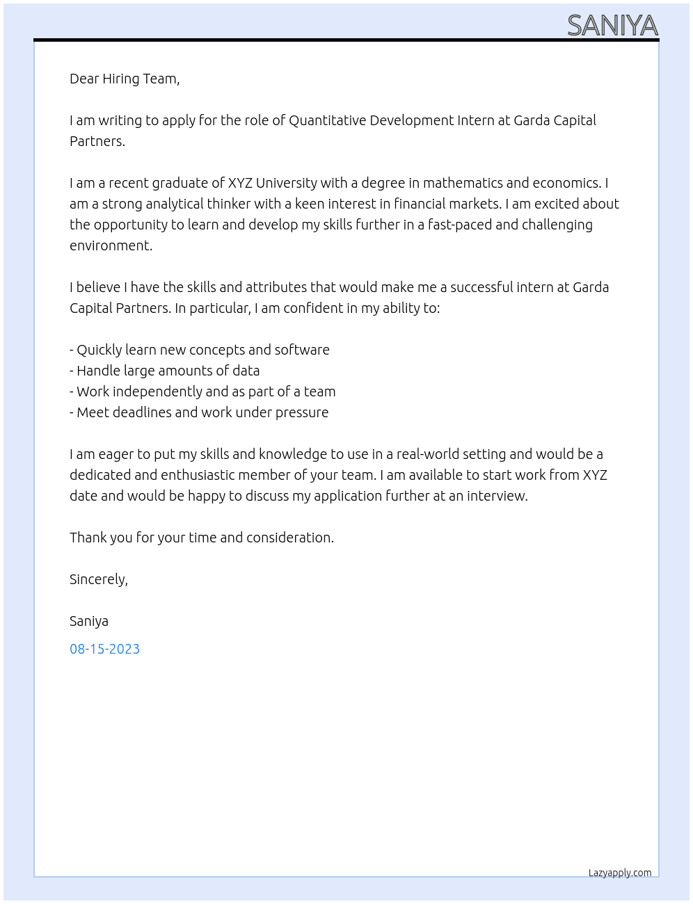 Quantitative Development Intern At Garda Capital Partners Cover Letter