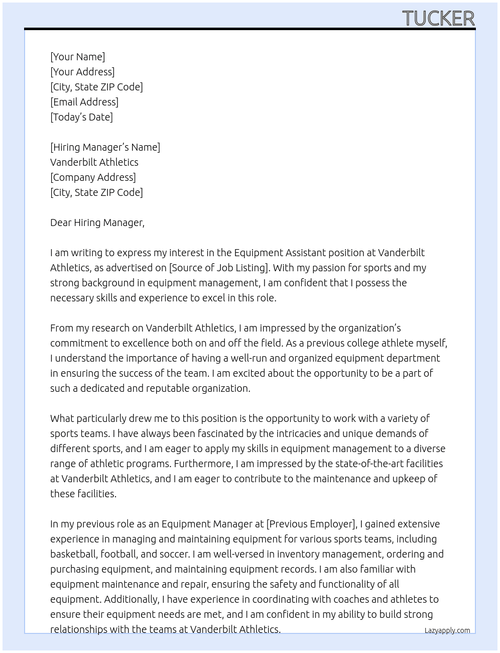 Equipment Assistant At Vanderbilt Athletics Cover Letter