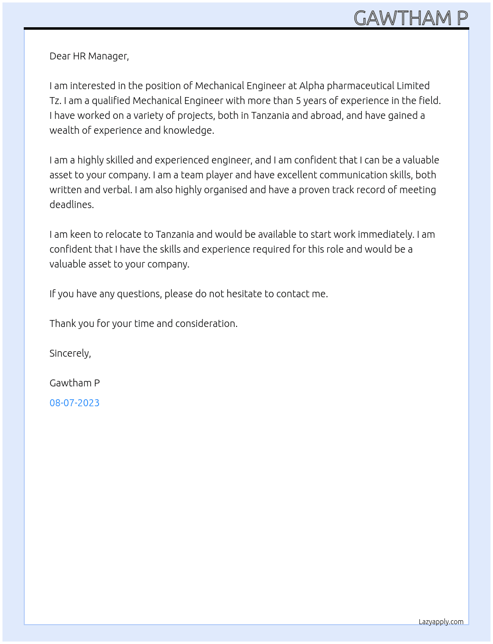 Mechanical Engineer At Alpha pharmaceutical Limited Tz Cover Letter