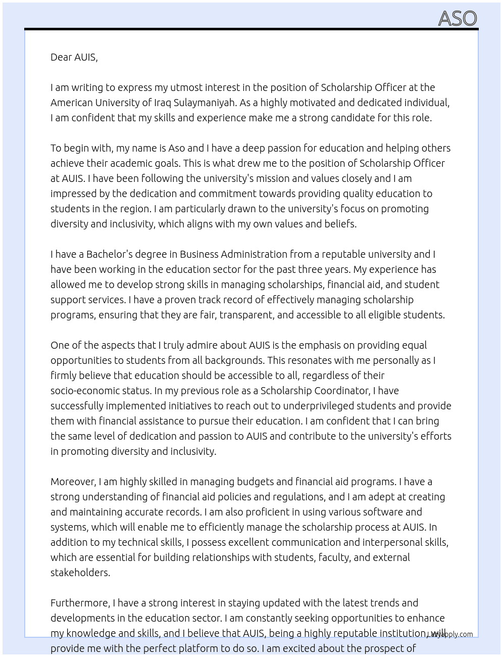 Scholarship Officer At American University of Iraq Sulaymaniyah Cover Letter