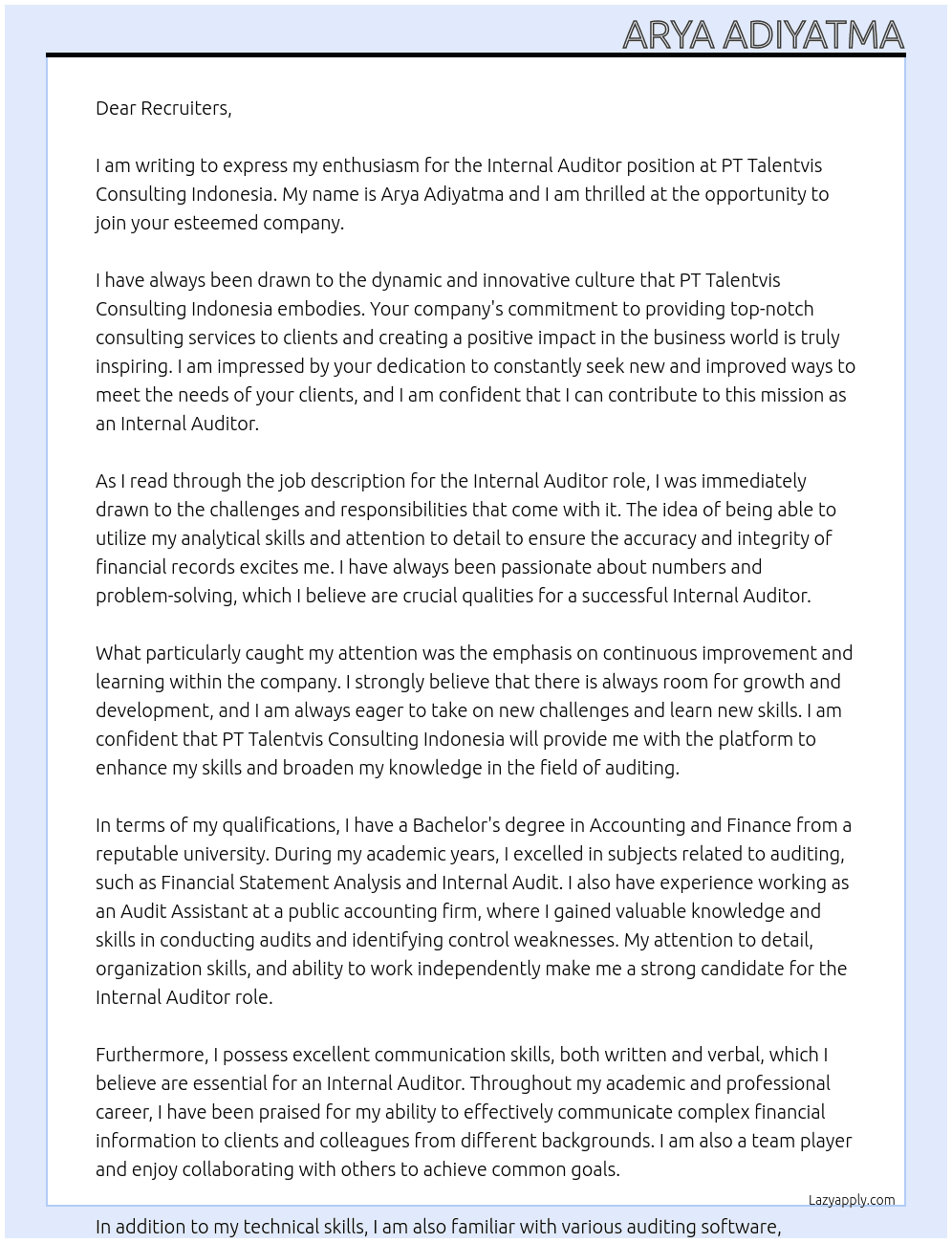 Internal Auditor At PT Talentvis Consulting Indonesia Cover Letter