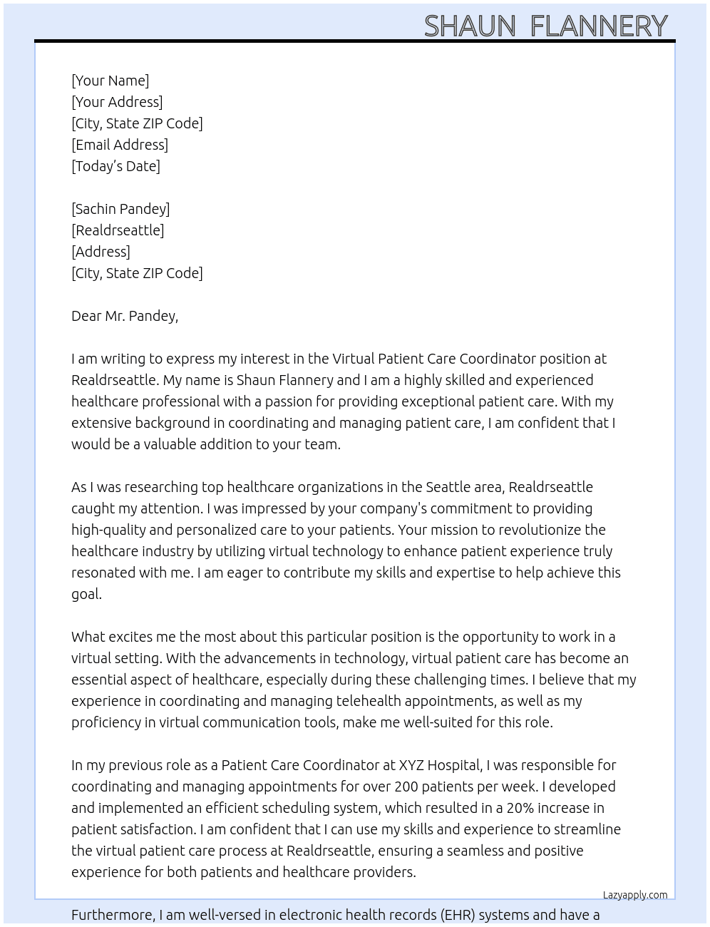 Virtual patient care coordinator  At Realdrseattle  Cover Letter