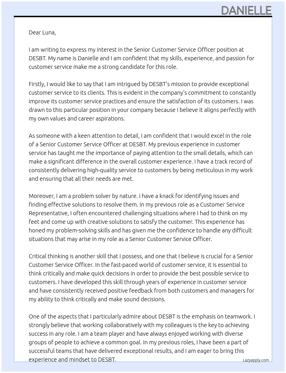 Senior Customer Service Officer  At DESBT Cover Letter