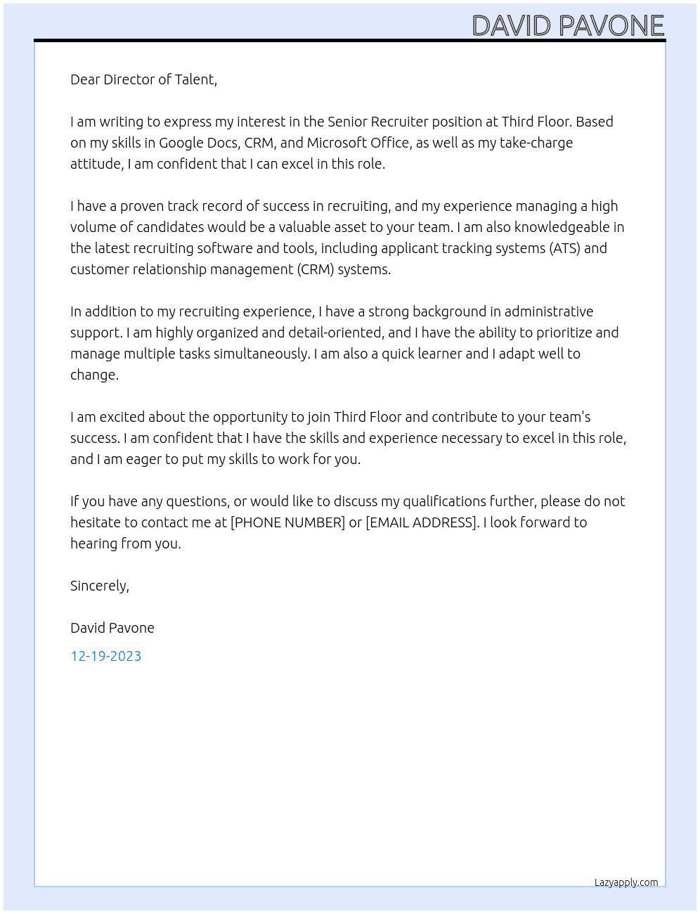 Senior Recruiter At Third Floor Cover Letter
