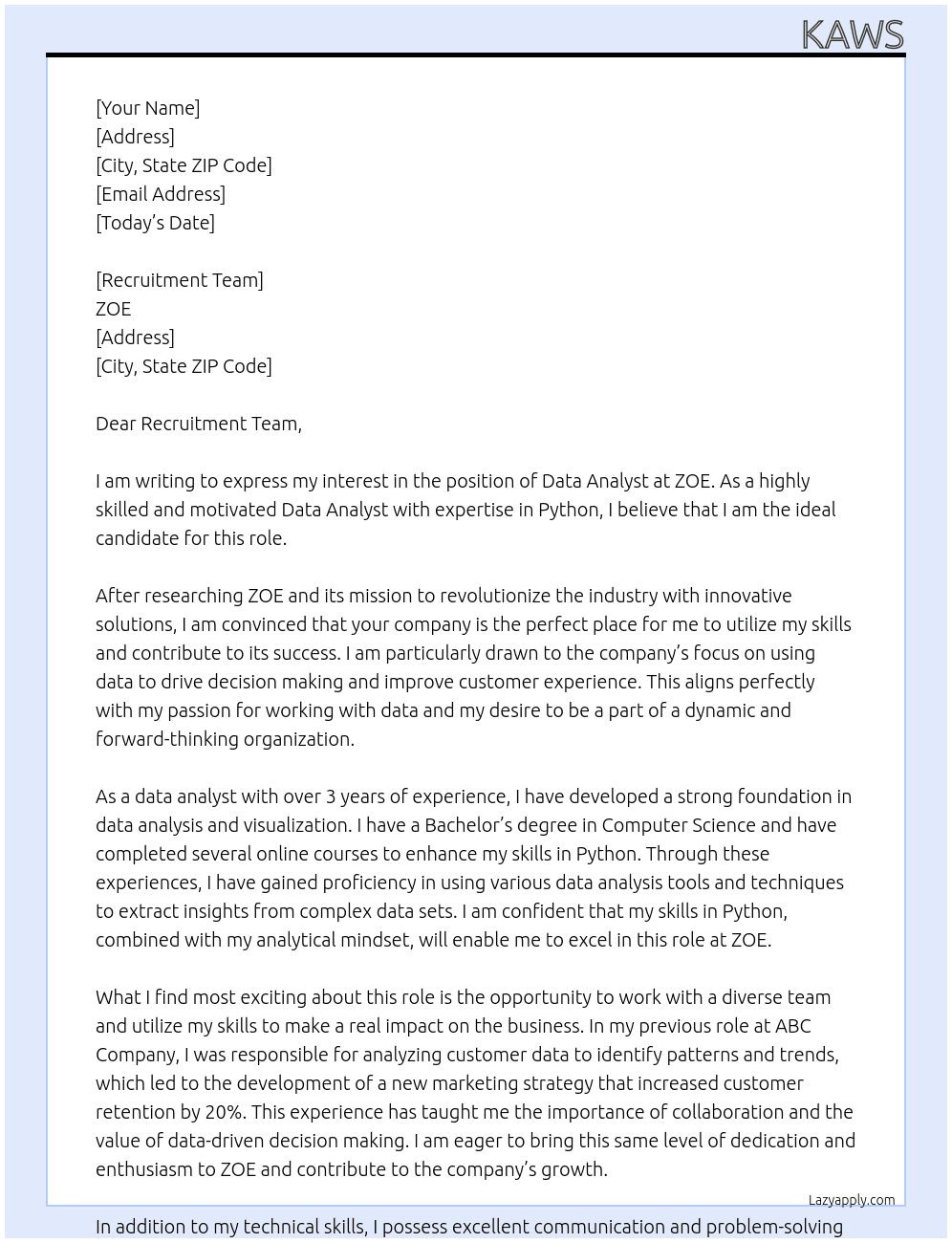 Data Analyst At ZOE Cover Letter