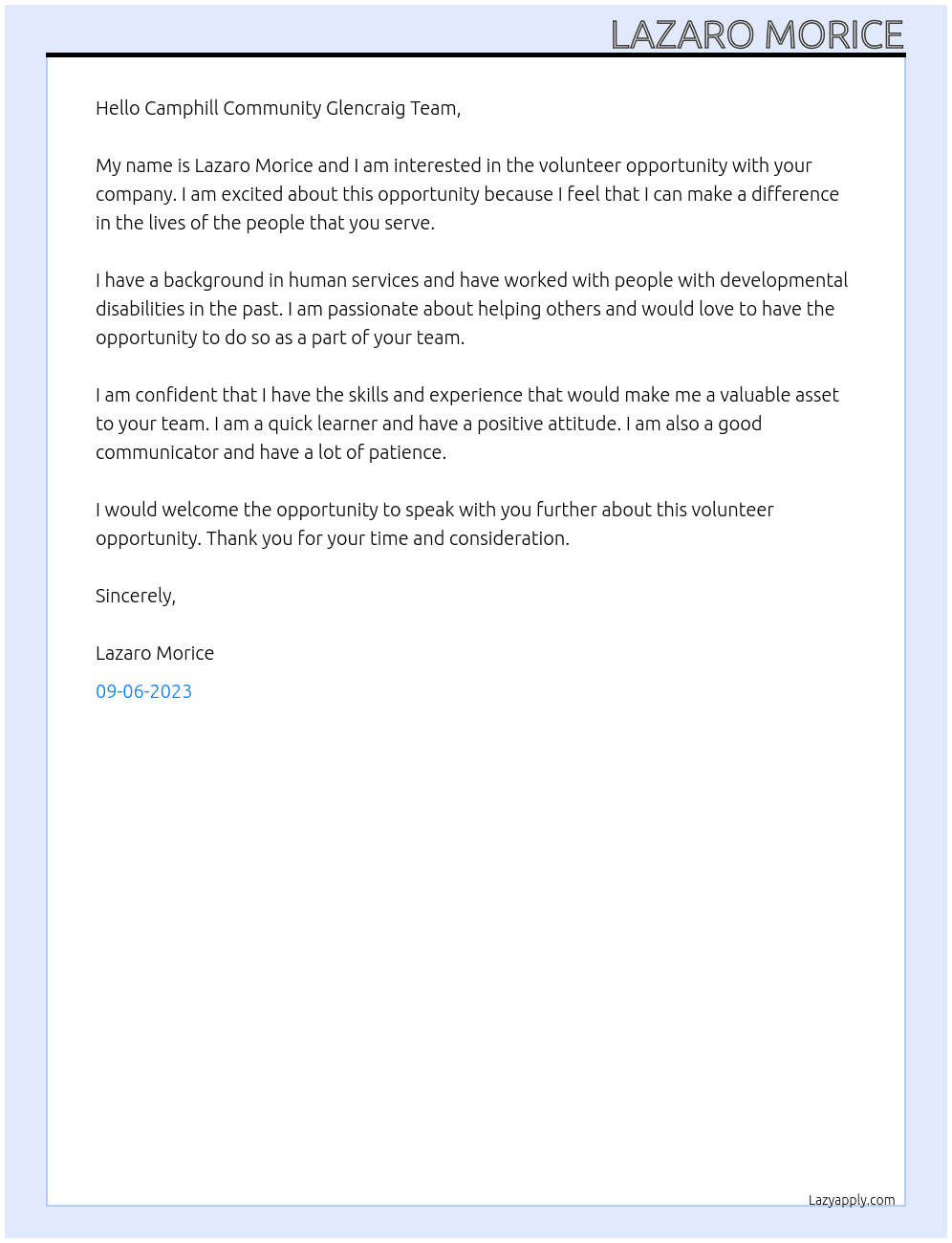 Volunteer Opportunity At Camphill Community Glencraig Cover Letter