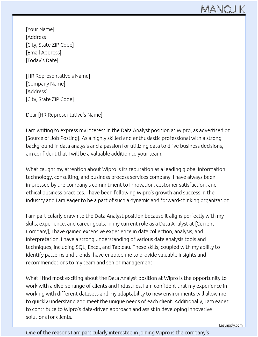 Cover letter for data amalyst - LazyApply