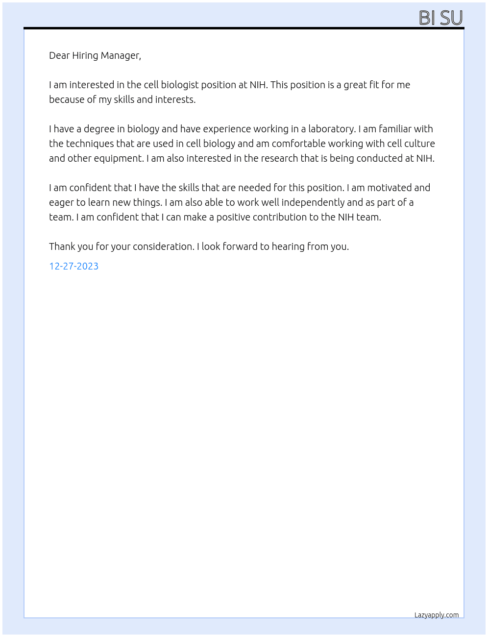 cell biologist At NIH Cover Letter