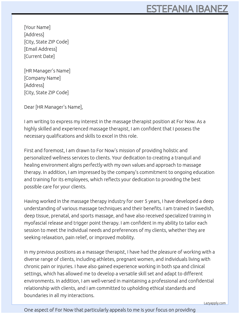 massage therapist  At For Now Cover Letter