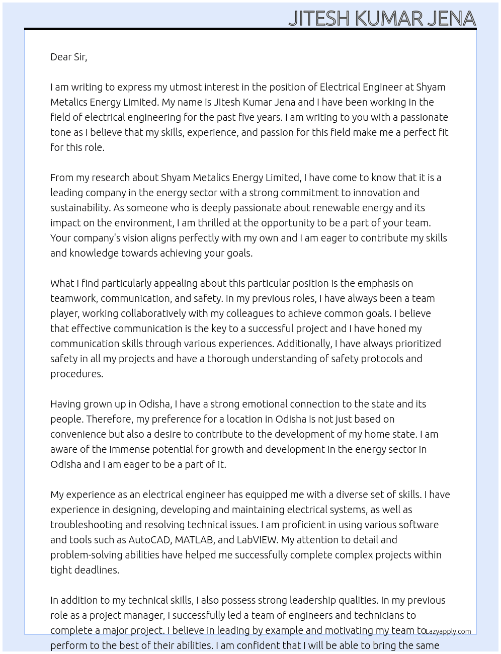 Electrical Engineer At Shyam Metalics Energy Limited  Cover Letter