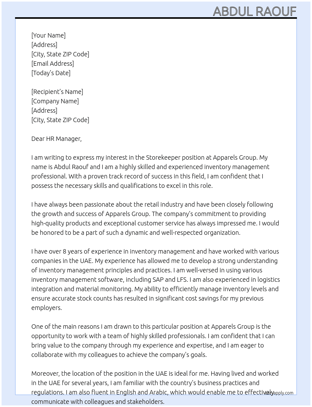 Storekeeper  At Apparels Group Cover Letter