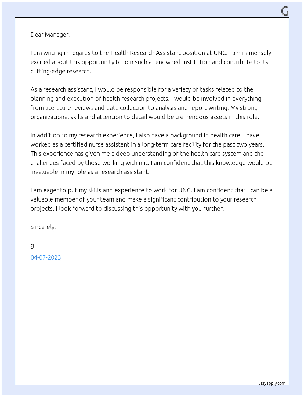 Health Research Assistant   At UNC Cover Letter