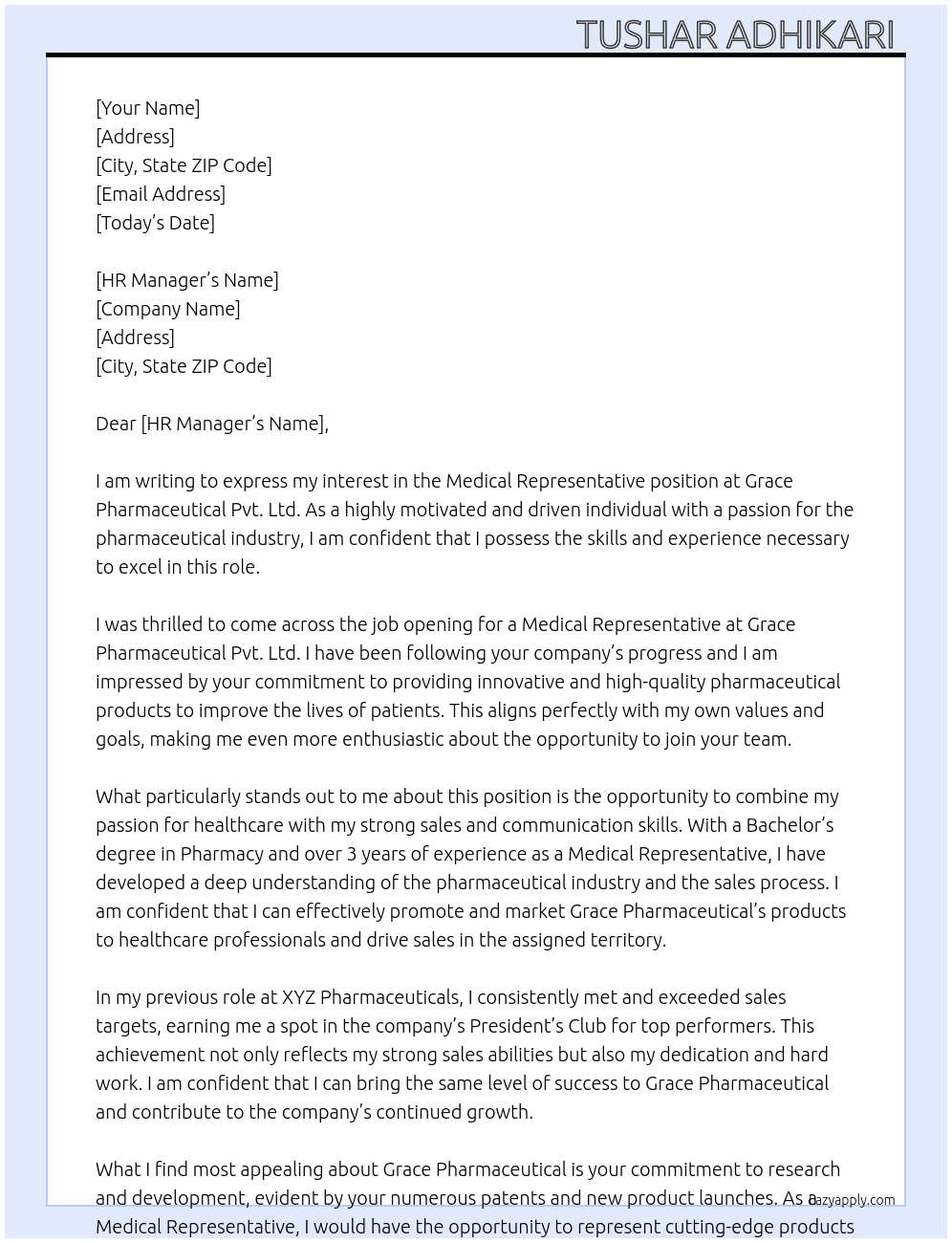 Medical Representative  At Grace Pharmaceutical Pvt. Ltd Cover Letter