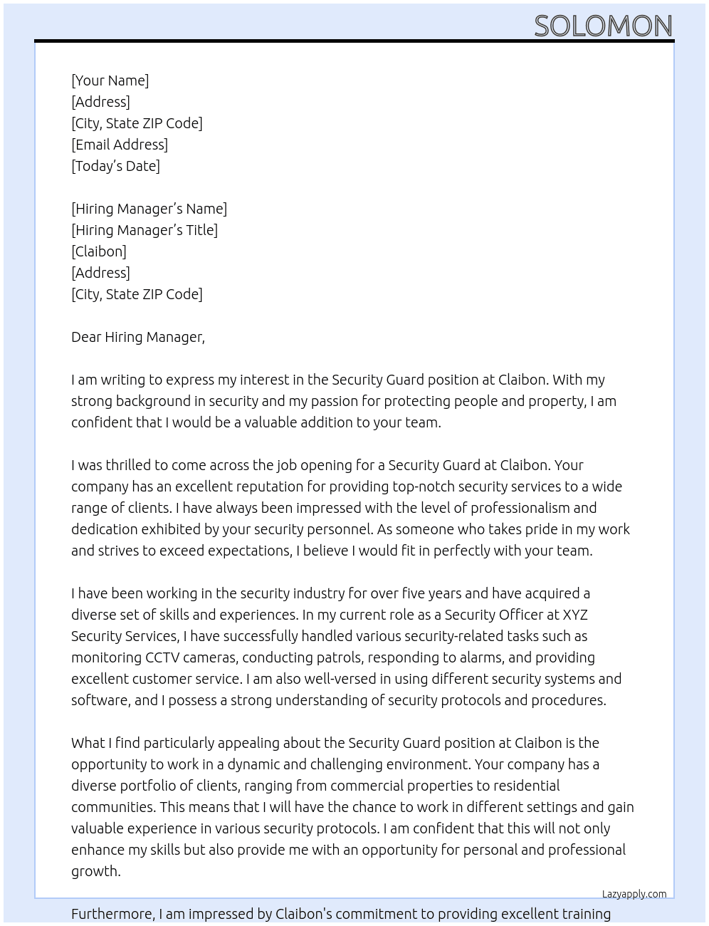 Security Guard At Claibon Cover Letter