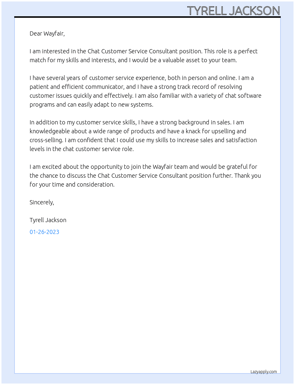 Cover letter for chat customer service consultant - LazyApply
