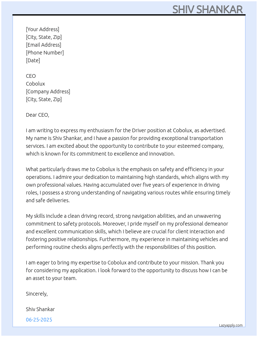 Driver  At Cobolux  Cover Letter