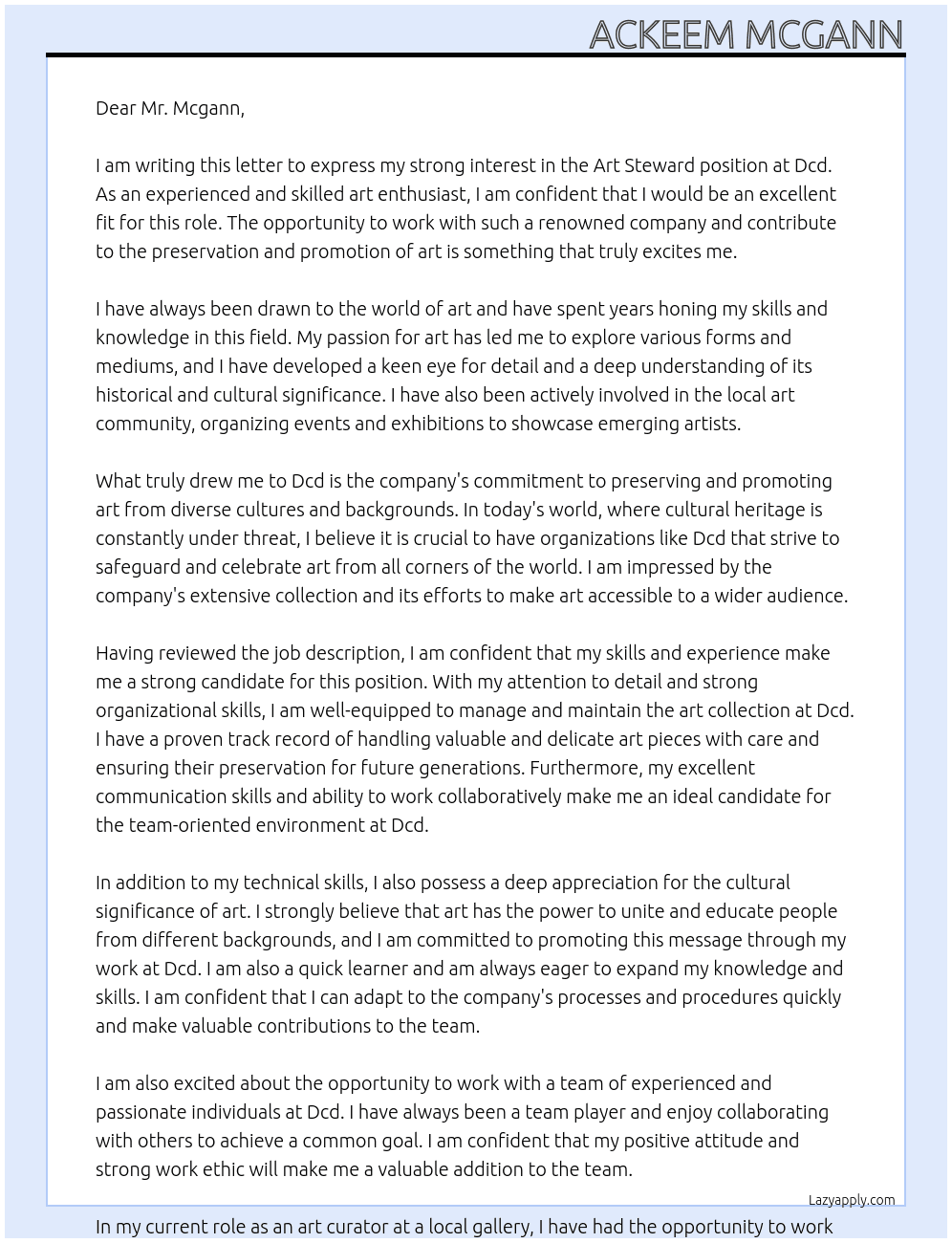 Art steward At Dcd Cover Letter