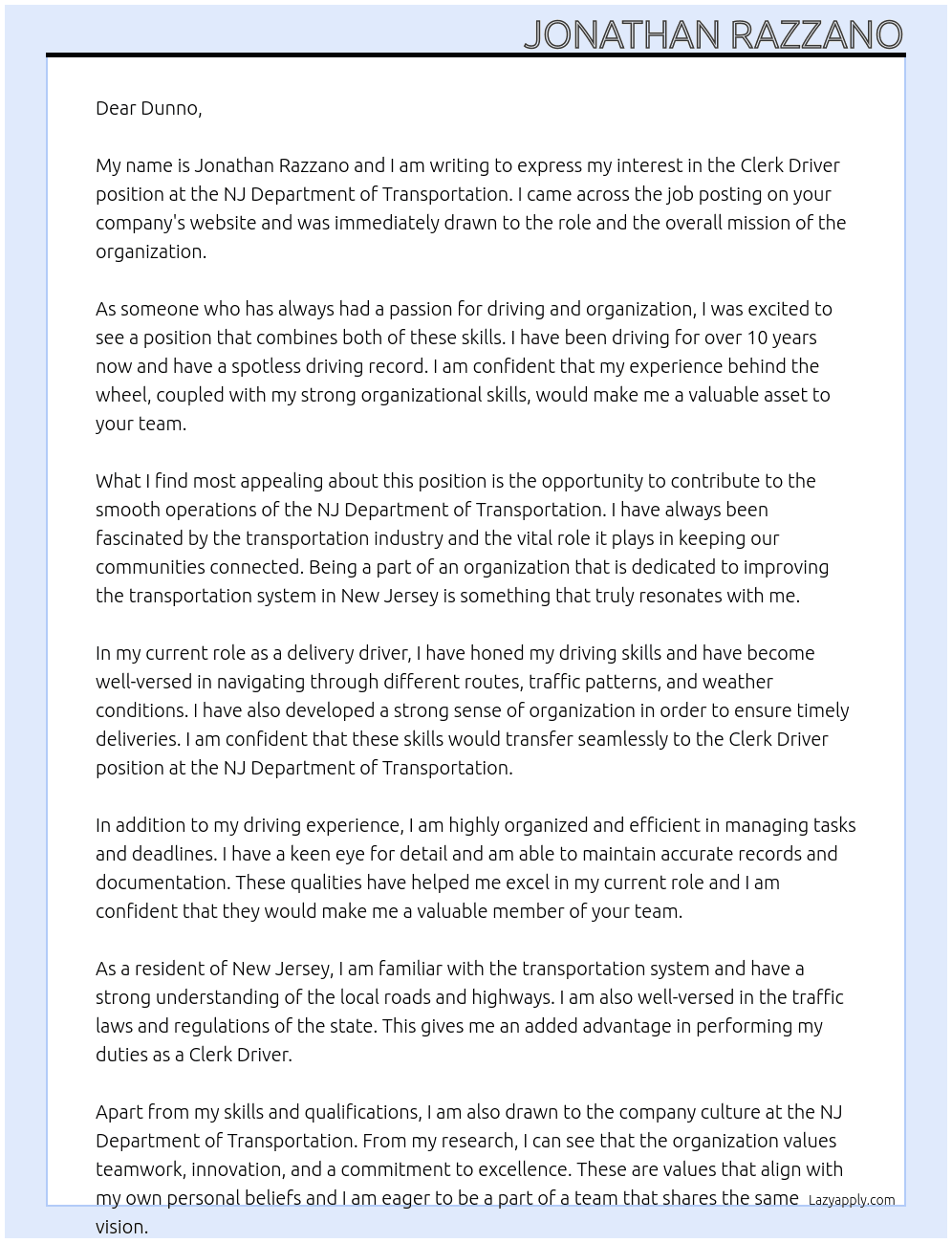 Clerk Driver At NJ Department of Transportation Cover Letter