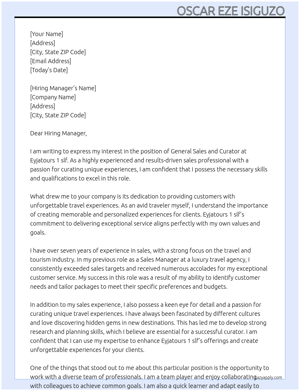 General Sales and Curator At Eyjatours 1 slf. Cover Letter