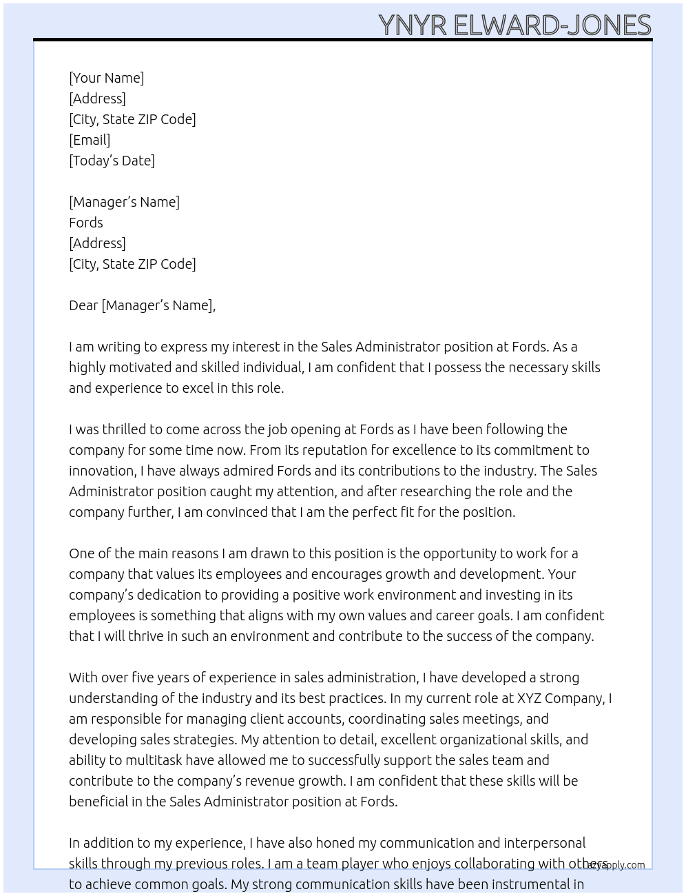 Sales Administrator  At Fords Cover Letter