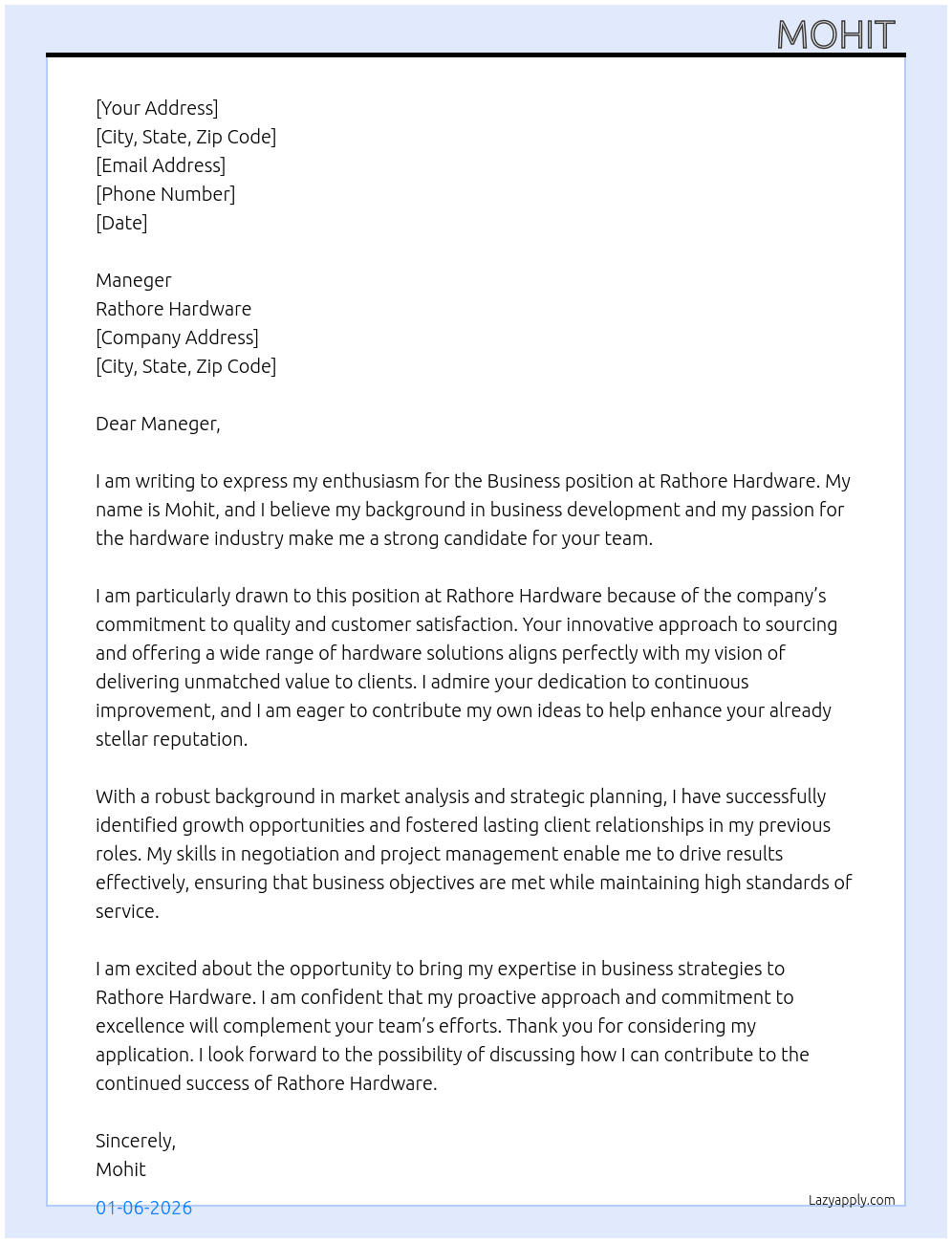 Business  At Rathore Hardware  Cover Letter