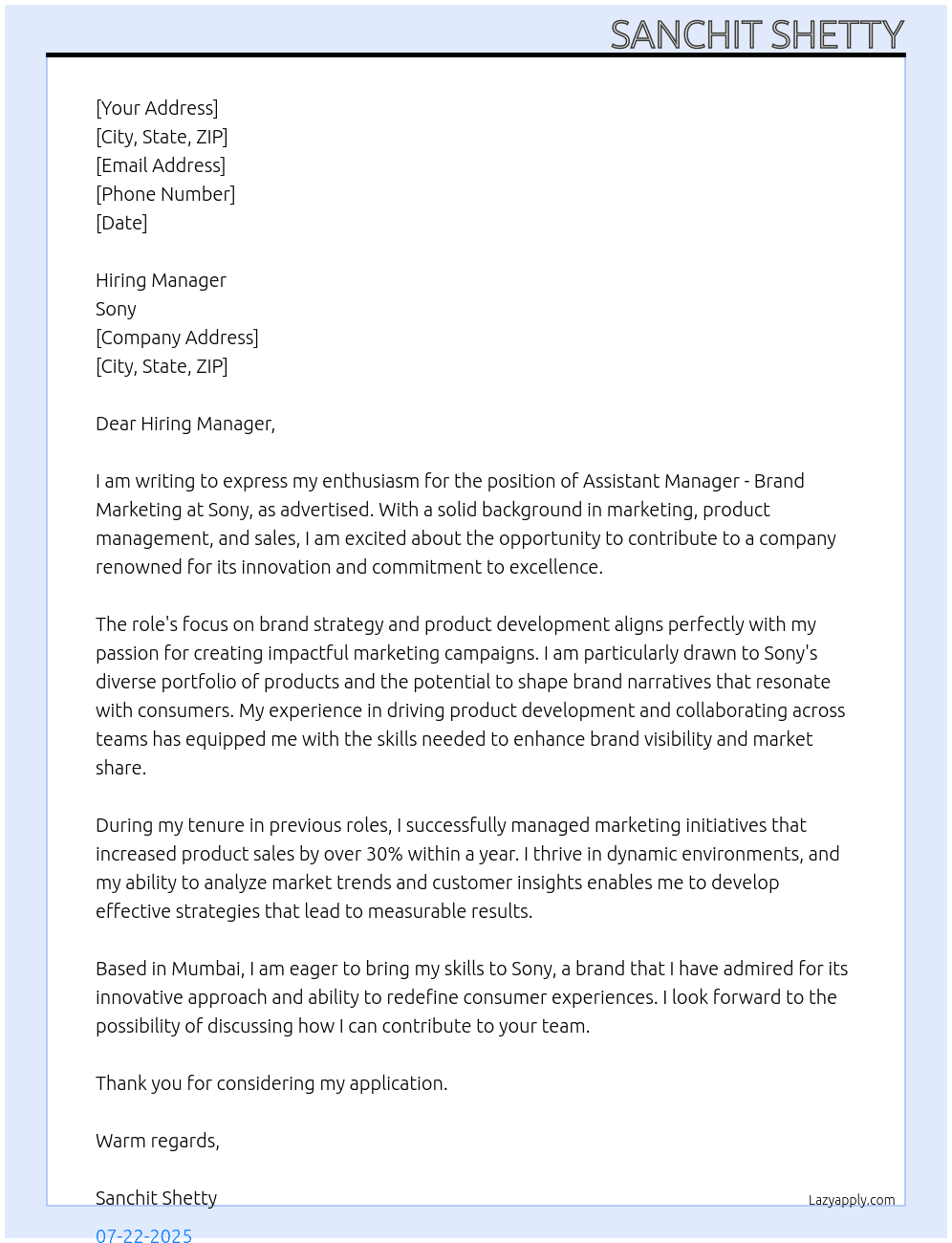 Assistant Manager - Brand Marketing At Sony Cover Letter