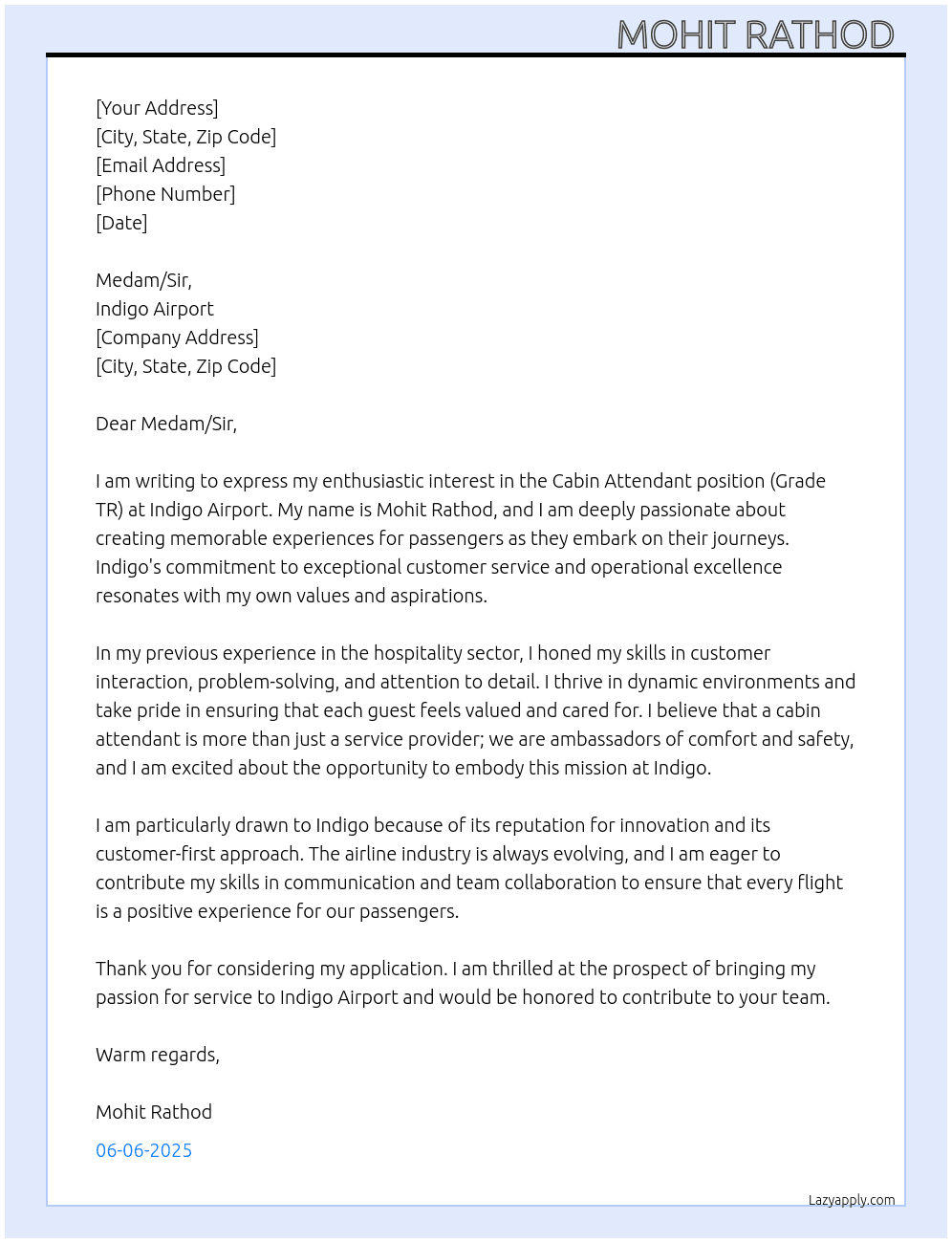 Cabin attendant ( grade tr ) At Indigo airport  Cover Letter
