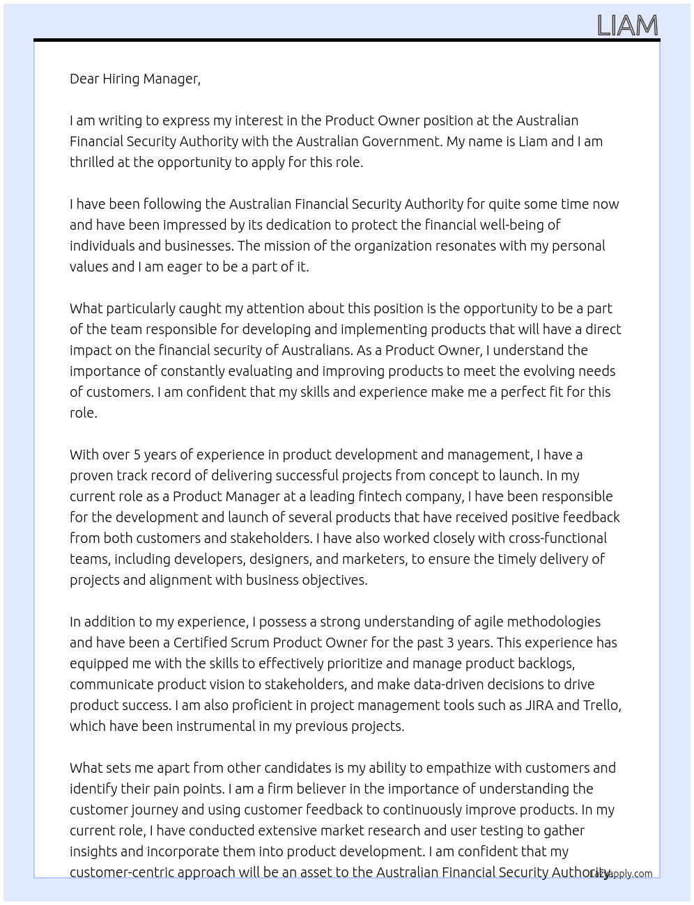 Product Owner At Australian Government - Australian Financial Security Authority Cover Letter