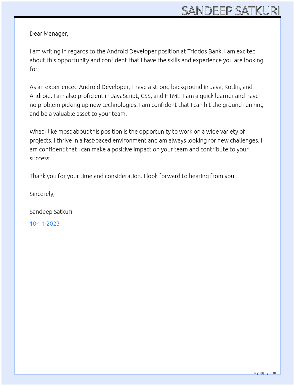 Android Developer At Triodos Bank Cover Letter