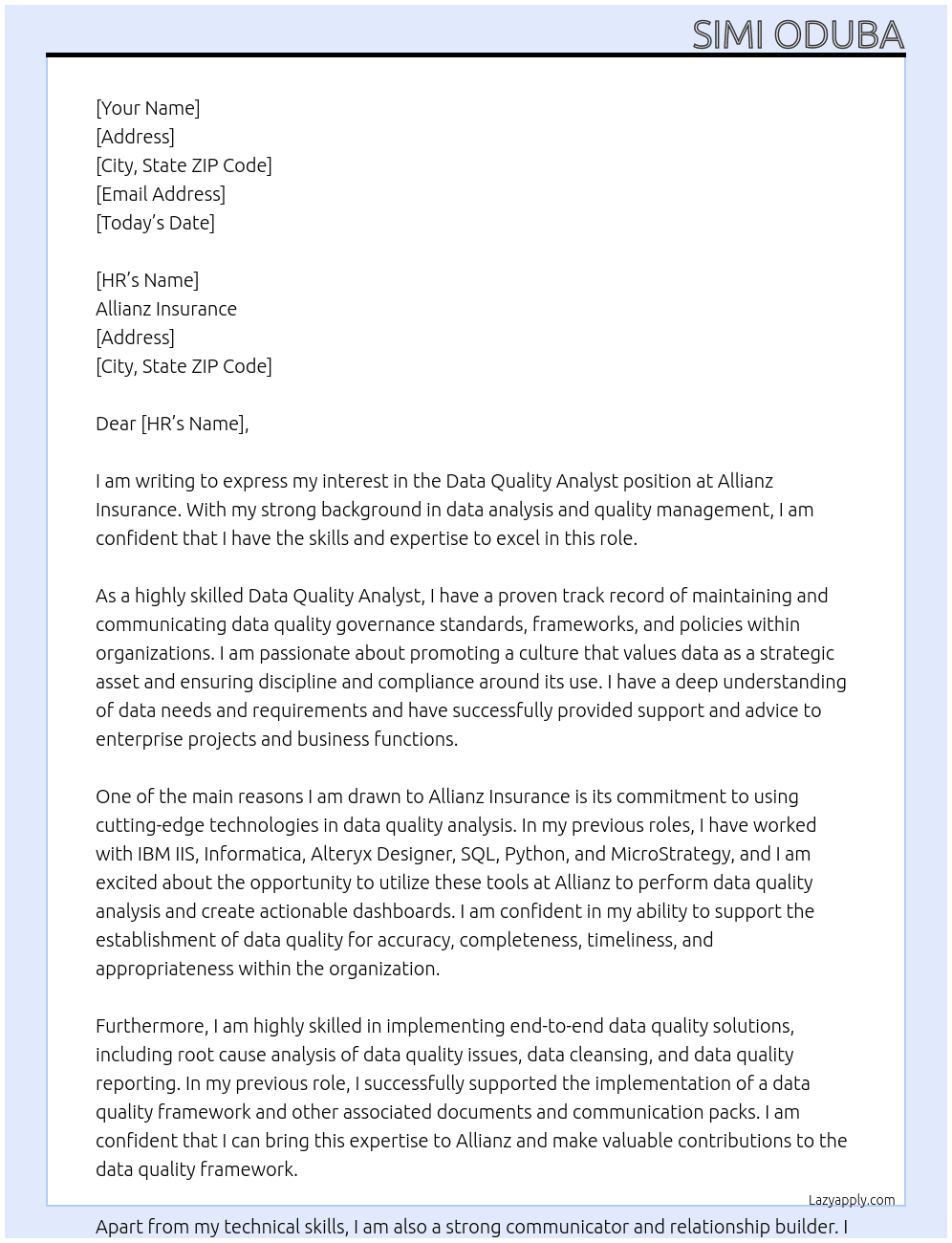 Data Quality Analyst At Allianz Insurance Cover Letter