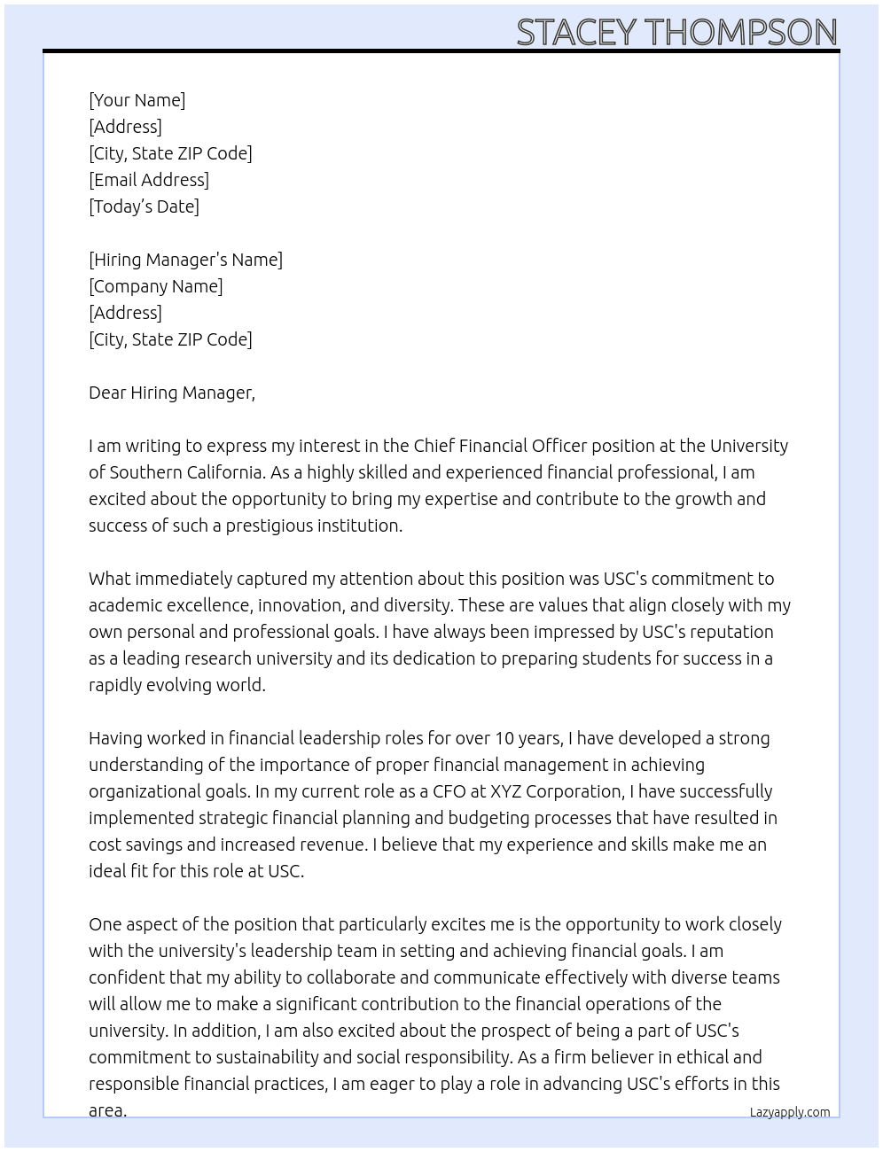 Chief Financial Officer At University of Southern California  Cover Letter