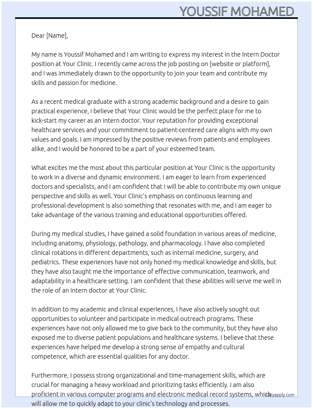 Intern doctor  At Your clinic  Cover Letter