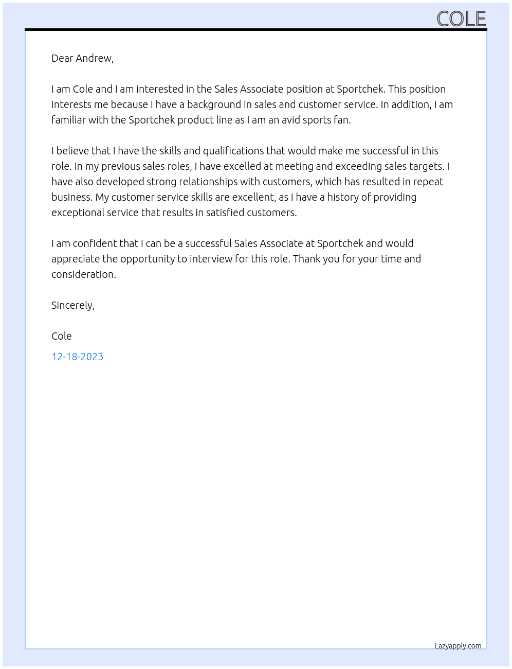 Sales Associate At Sportchek Cover Letter