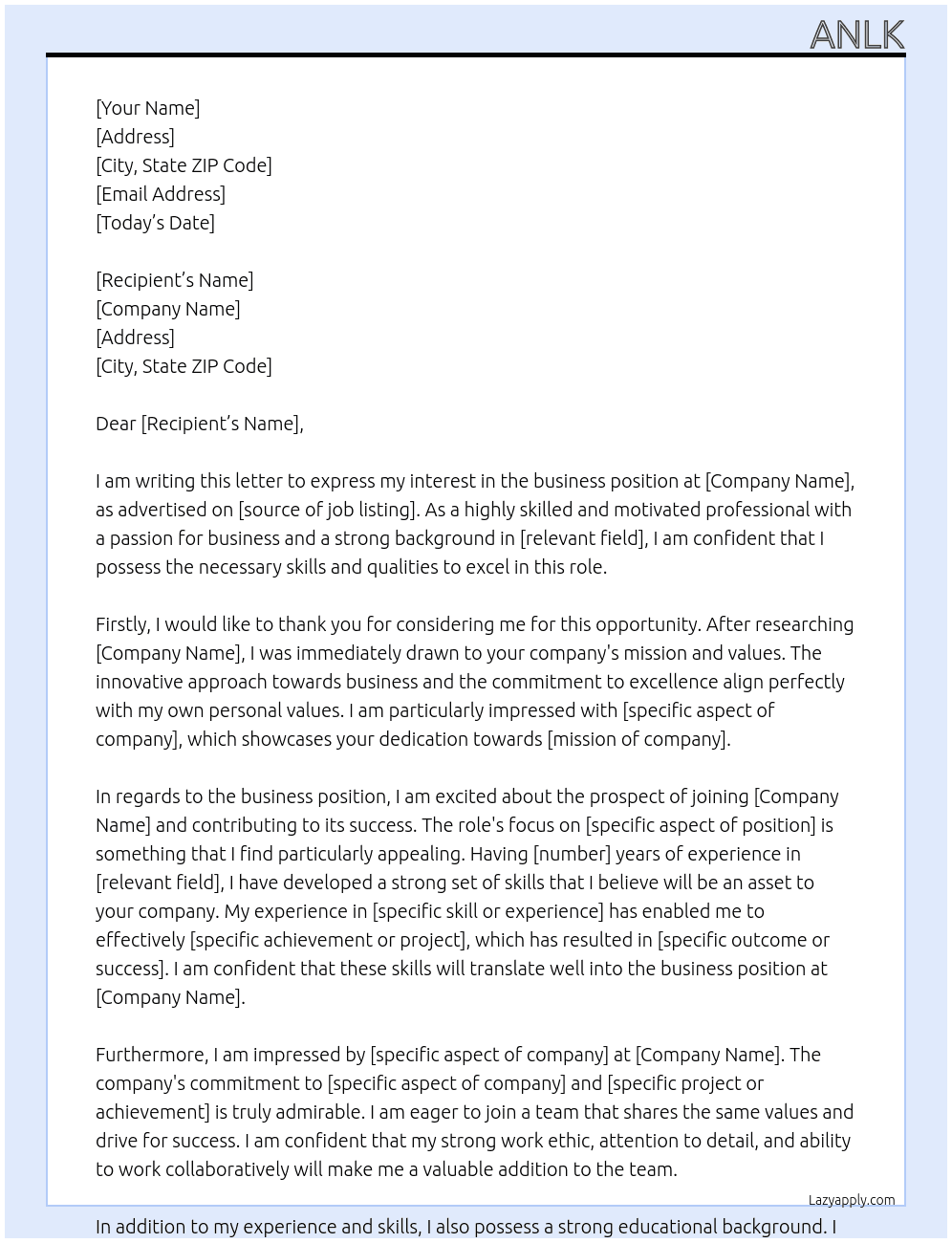 expression of interest for business At  ln Cover Letter