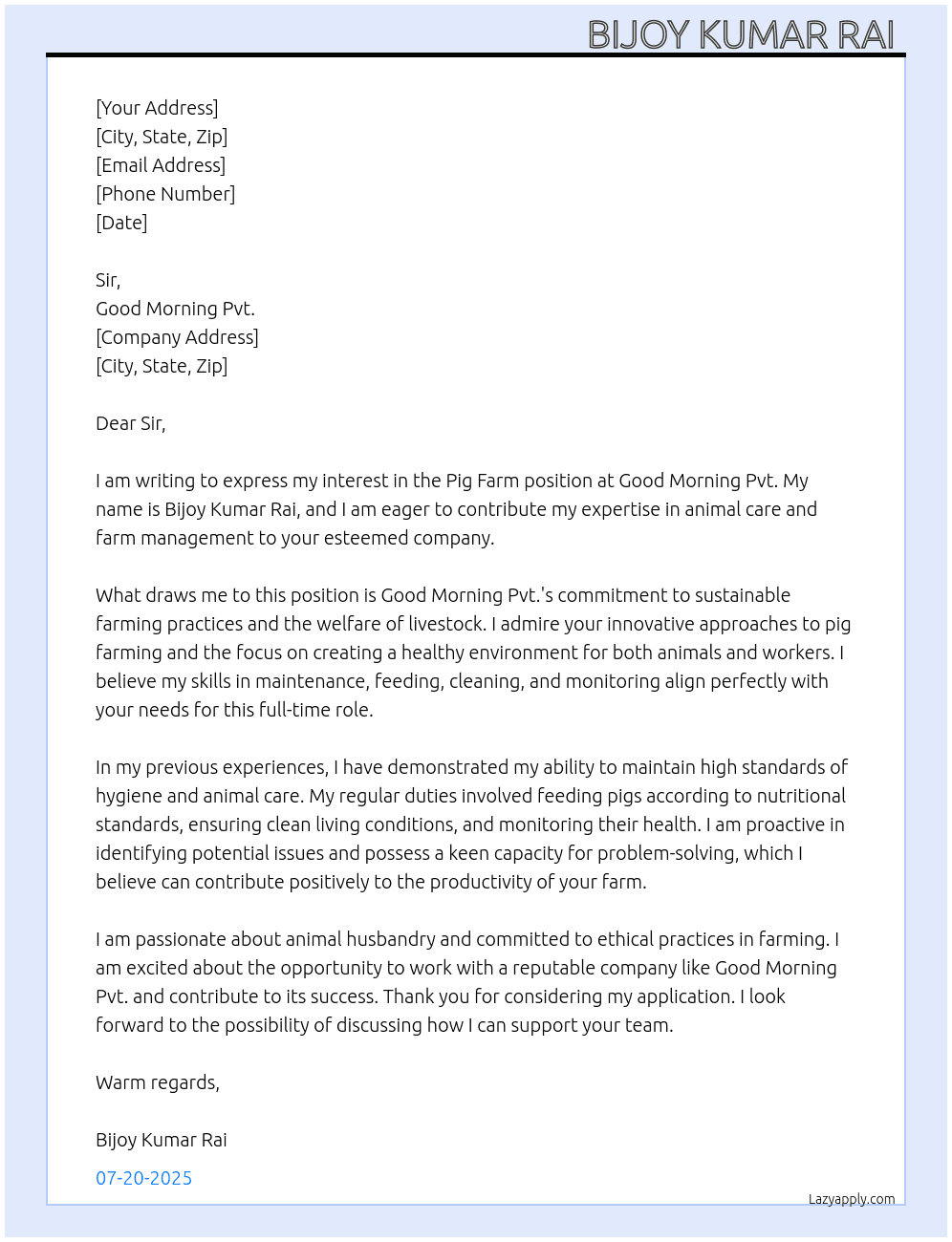 Pig farm  At Good morning pvt Cover Letter